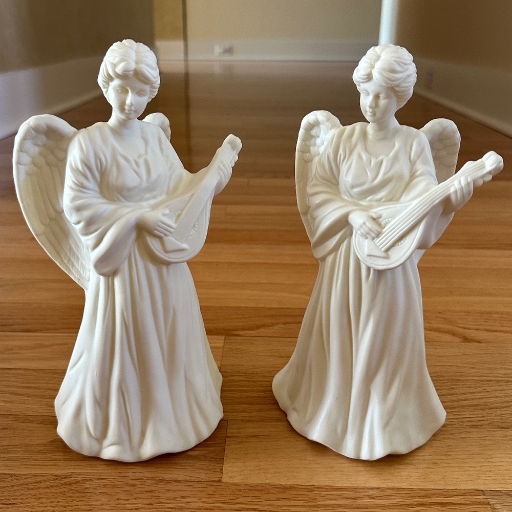 Lillian Vernon Angel Playing Mandolin Lute Candle Holders 10" Pair White #1816